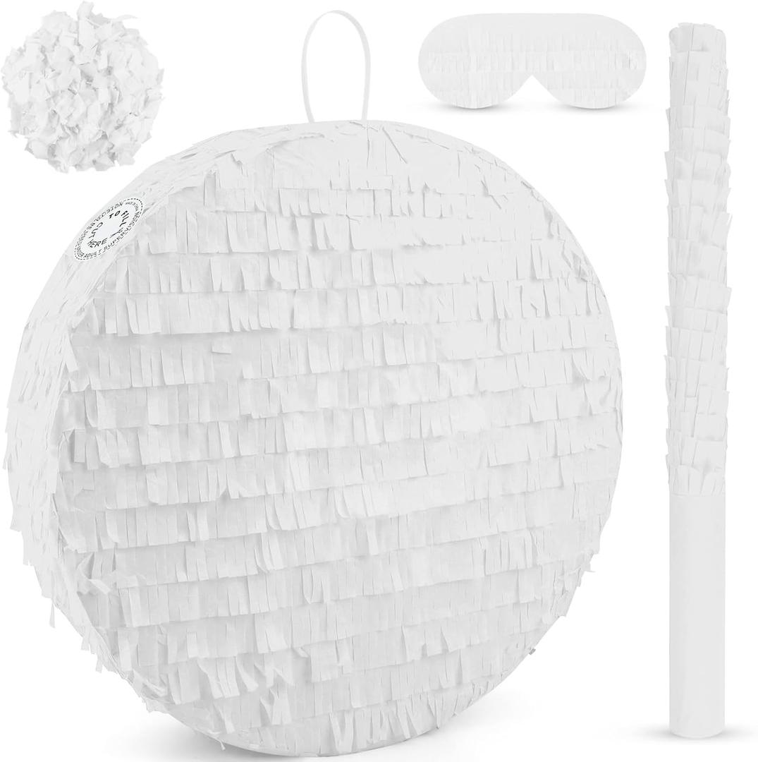 White Round Pinata with Stick Blindfold and Confetti DIY Blank Pinata for Adults Kids Birthday Party Supplies Carnivals Thanksgiving Decorations