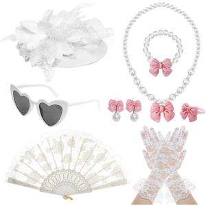 Fumwase 8Pcs White Tea Party Accessories Set Tea Party Gloves Hats Necklace Fan Bracelet Earrings Sunglass Ring for 20s 50s Spring Party Decoration Accessories Halloween