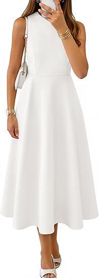 ZESICA Women's Spring Sleeveless Cocktail Dresses 2026 Summer Crewneck Flowy Wedding Guest Party A Line Midi Dress White Medium