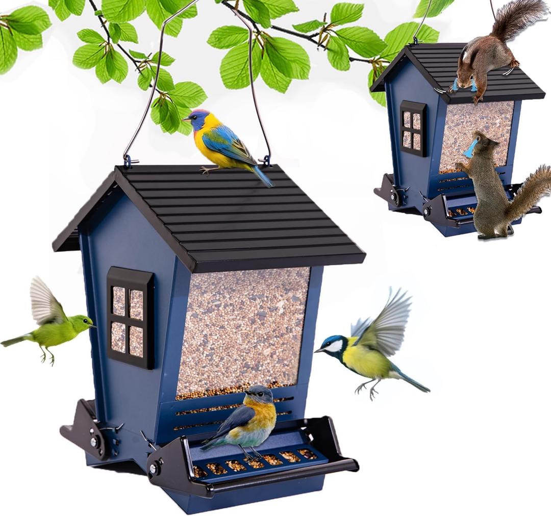 LSCQYYCCSquirrel Proof Bird Feeders for Outdoors Hanging, 5LB Capacity Metal Wild Birdfeeders Outside Hanging, Large Feeder That Attracts Cardinals, Chickadees, and More Birds-One in Blue