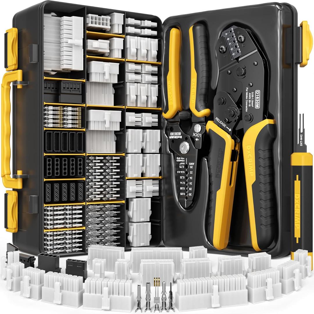 Mini-Fit Jr 4.2mm Crimping Tool Kit (2-24 Pin) with SATA & LP4 Connectors, 16-26 AWG Terminals. Ratcheting Crimper, Stripper & Extractor. Fits Molex Mini-Fit Jr for PC Modding, ATX/GPU/PSU