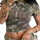 Women's Camo Print Crop Tops Short Sleeve Crewneck Slim Fit T Shirt Summer Graphic Tees (L)