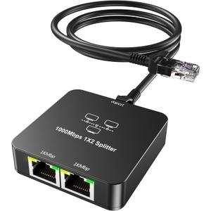 Ethernet Splitter 1 to 2 Out with Cat 6 Ethernet Cable, 1000Mbps High Speed, RJ45 Splitter, Gigabit Internet Splitter Connector for Cat 5/5e/6/7/8 Cable