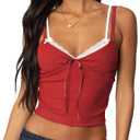 Women Camisole Tank Tops Lace Trim Slim Fit Cami Tops Spaghetti Strap Crop Shirt Bralettes Red M (M)