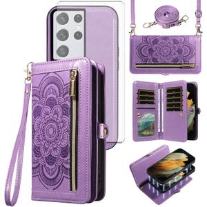Asuwish Phone Case for Samsung Galaxy S21 Ultra 5G Zipper Wallet Detachable Cell Cover with Tempered Glass Screen Protector Crossbody Strap Flower Card Holder S21ultra 21S S 21 21ultra G5 Women Purple