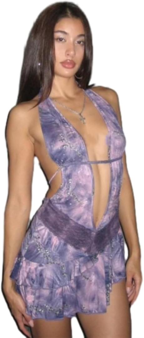 Evankin Women Sexy Hollow Dress Teddy Babydolls Dress Sleepshirts Hanging Neck Deep V Lace Nightshirts Skirt for Women (Medium, Purple)