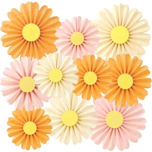 SUNBEAUTY 10 Pcs Daisy Paper Flowers Decorations Pink and Orange Flower Party Decorations Paper Fans Decor Hanging Paper Fans for Birthday Wedding Baby Shower Spring Garden Party Bulletin Board