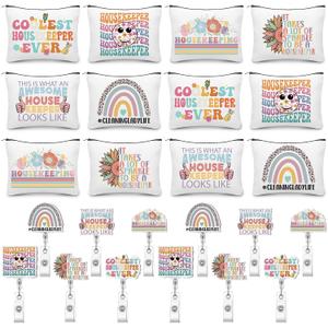 Kacctyen 24 Pcs Housekeeping Gifts Bulk 12 Thanksgiving Makeup Bag 12 Retractable Badge Reels Housekeeping Appreciation Gift for Housekeeper Cleaner Staff Team Employee Coworker Custodian