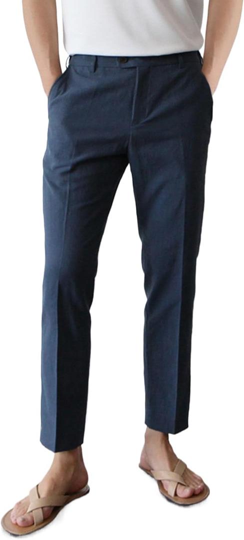 GINGTTO Linen Pants Men Slim Fit Elastic Waistband Lightweight Summer Beach Fashion Casual Pant (30W x 30L, Navy Blue)