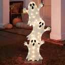 Halloween Lighted 3 Stacked Ghosts, 42 H Pre-Lit Lighted Ghosts with 50 Warm White Lights, Light Up Halloween Ghost Decoration for Indoor, Outdoor, Porch, Yard, Holiday Decor