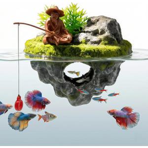 Aquarium Floating Island Decoration with Interactive Fish Feeding Hook,Fish Tank Decorations for Betta,Guppy & Shrimp,Safe ABS Material Floating Fish Tank Decorations,3D Old Man