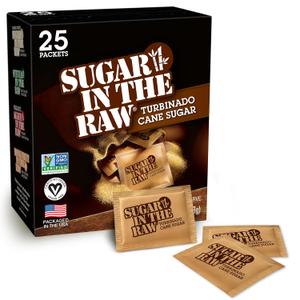 Sugar In The Raw Turbinado Cane Sugar Packets, 25 Ct, Pure, All-Natural Turbinado Sugar, Non-GMO Project Verified, Kosher, Vegan and Gluten Free, No BB Date
