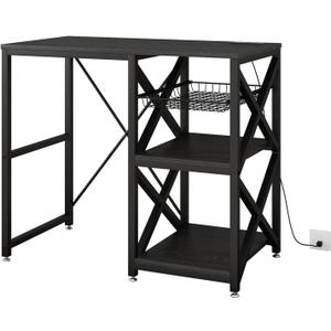 METYERRY Kitchen Bakers Rack with Power Outlet,Mini Fridge Cabinet with Mesh Basket, Mini Fridge and Microwave Table with Storage for Office,Kitchen,Living Room,Coffee Bar,Patio, Black, 21.2"D x 41.7"W x 34.8"H