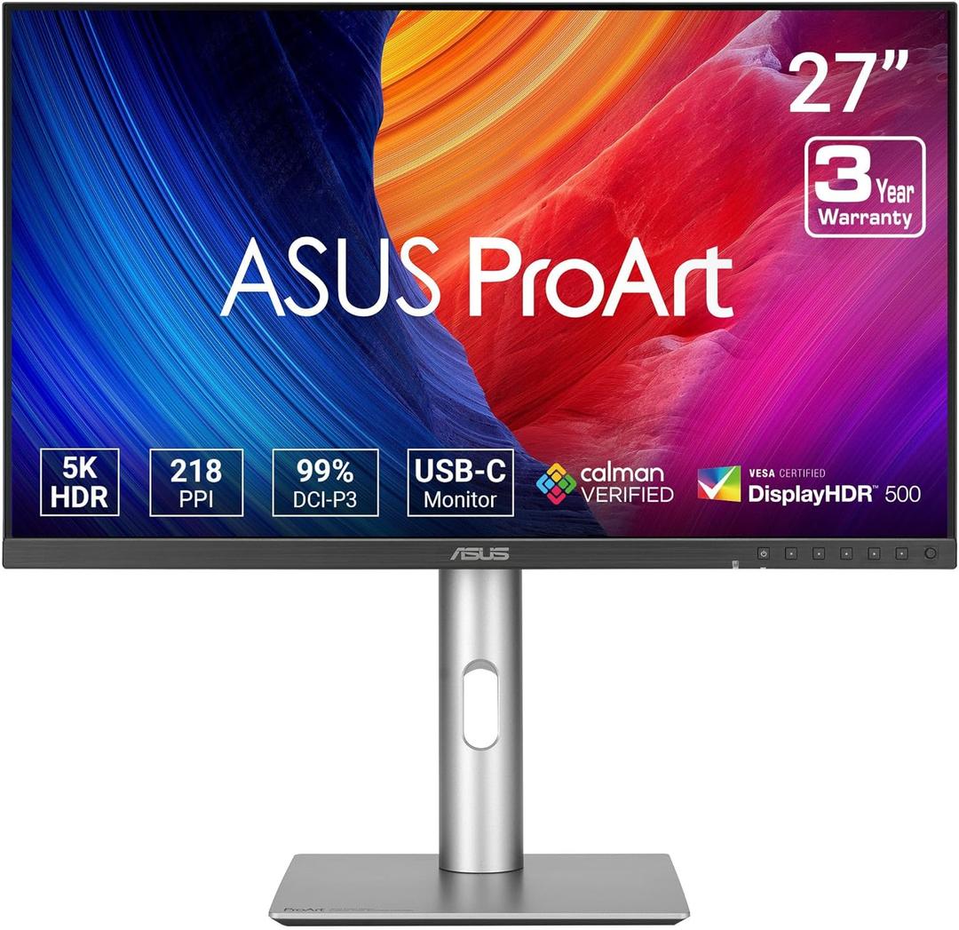 ASUS ProArt Display 27” 5K HDR Professional Monitor (PA27JCV) - 5K (5120 x 2880), IPS, 99% DCI-P3, 100% sRGB, ΔE < 2, USB-C PD 96W, Calman Verified, Color Accurate, LuxPixel 