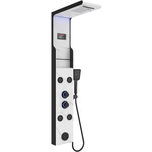 ELLO&ALLO LED Rainfall Shower Head and Rain Massage System with Body Jets Stainless Steel Bathroom Shower Panel Tower System with Shelf, Marble&Black