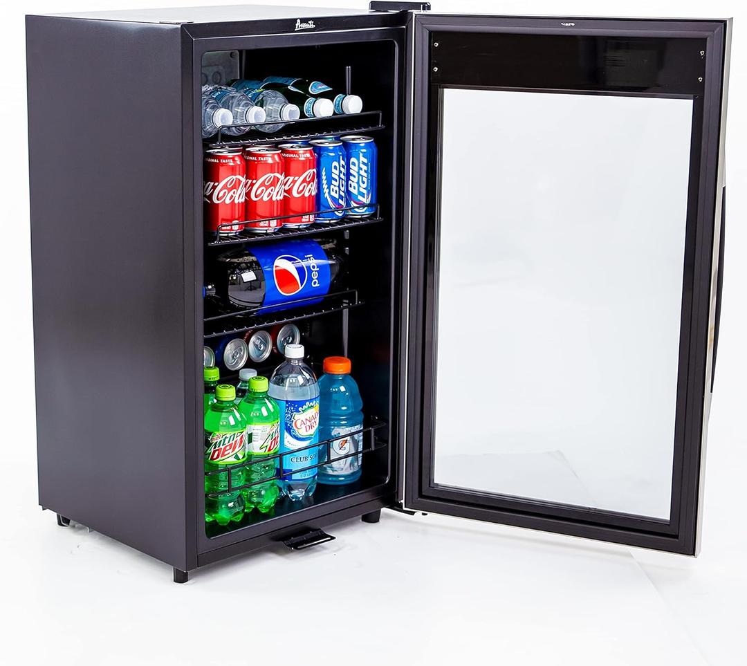 Avanti Beverage Cooler with Glass Door 108 Can Mini Refrigerator with Lock for Beer Soda Water Wine with Adjustable Shelves Digital Temperature Control and Interior Lighting, 3-Cu.Ft., Metallic