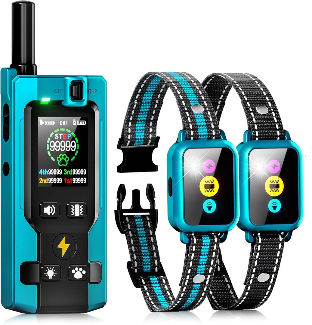 Dog Shock Collar for 2 Dogs 4200FT: Innovative Step Counter & Smart Color Screen Dog Training Collar with Remote 5 Modes, IP67 Waterproof Rechargeable Ecollars for Large Medium Small Dogs (Blue)