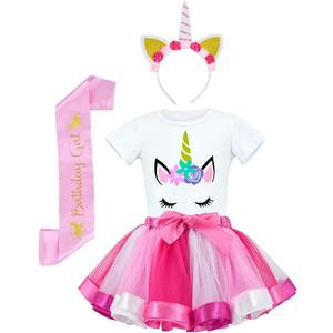 JiaDuo Girls Costume Rainbow Tutu Skirt with White Shirt, Headband & Satin Sash Rose Medium/ 2-4T