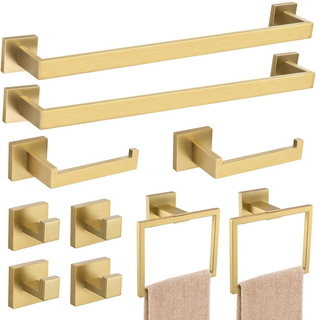 23.6Inch Brushed Gold Towel Bar Set, 10 Pieces Bathroom Accessories Set, SUS304 Stainless Steel Towel Racks Toilet Paper Holder Set for Bathroom Wall Mounted