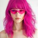 Wavy Wig and Sunglasses Set - 15 Inch Wavy Wig With Bangs - Heat Resistant Shoulder Length Curly Bob Wigs for Women - Bachelorette Party Costume Cosplay (Rose+Purple)