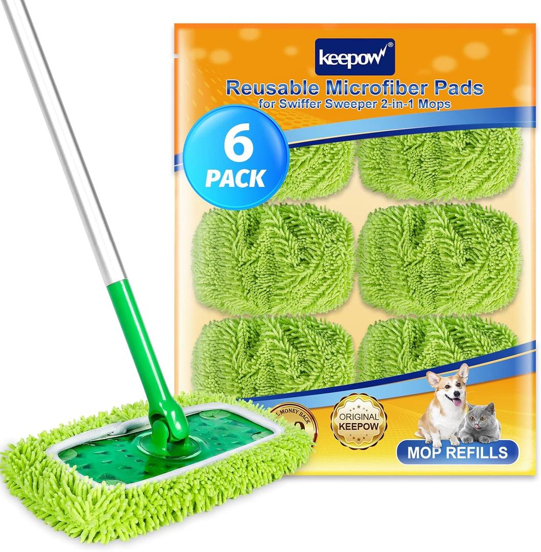 KEEPOW Dry Sweeping/Wet Mopping Cloths for Swiffer Sweeper, Reusable & Washable Microfiber Mop Pads Refills for Hard-Surface/Hardwood Floor Cleaning, 6 Pack (Mop is Not Included)