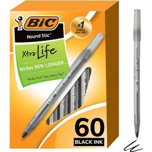 BIC Round Stic Xtra Life Ballpoint Pen, Medium Point (1.0mm), Black, 60-Count