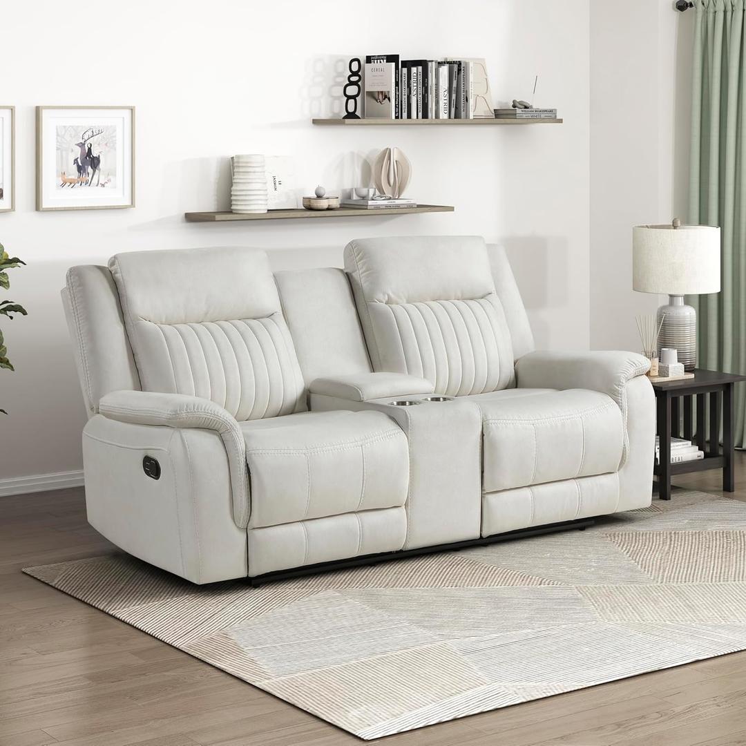 Lexicon Manual Double Reclining Loveseat, Polished Microfiber Manual Wall Hugger Loveseat Recliner for Living Room, Center Storage Console/Cup Holders, Easy Assembly, Beige