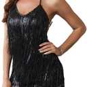 Women's Sleeveless V Back Sequins Fringe Jumpsuit One Piece Short Romper Party Nightclub (Black). L Size