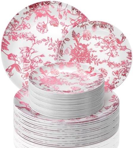 Suclain 60 Pcs Pink Floral Plastic Plates Wedding Party Decoration Bulk Serves as 9" 7" Dessert Dinner Disposable Plastic Plates for Bridal Shower