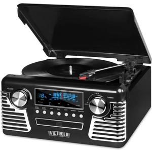 Victrola Haley Retro Bluetooth Record Player & Multimedia Center with Built-in Speakers - 3-Speed Turntable, CD Player, AM/FM Radio, 3.5mm Aux-In, Wireless Music Streaming, Black