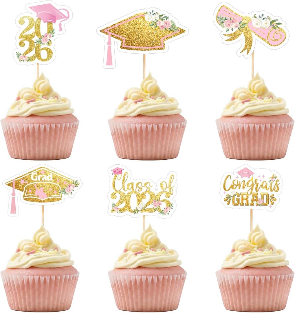 Sliner 60 Pcs 2026 Pink Gold Floral Graduation Cupcake Toppers Glitter Class of 2026 Cupcake Toppers Adjustable Congrats Grad Cap Diploma Cup cake Picks for Graduation Theme Party Cake Supplies