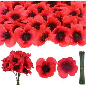 Red Poppy Artificial Flowers Fake Flowers Poppies Head Fake Wildflowers with 6 Inch Flower Branch for Memorial Veterans Day Remembrance Sunday Bouquet Corsages Home Kitchen Decor