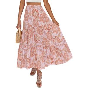 ZESICA Women's 2025 Summer Plaid Flower Elastic High Waist Flowy A Line Maxi Skirt with Pockets (Medium, Pinkbrown)