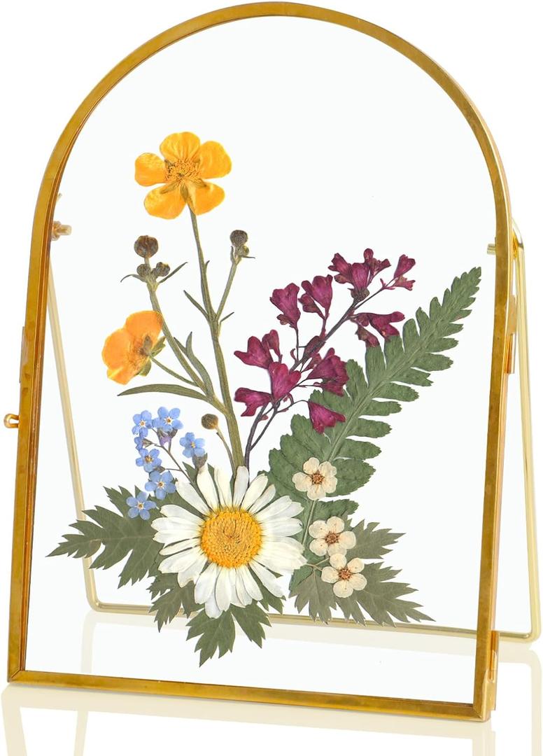 Double Glass Frame for Pressed Flowers, 5x7 Inch Handmade Pressed Flower Frame Metal Floating Picture Frame for Tabletop Display DIY Artwork Home Decor(Arched, Gold)