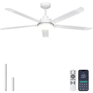 Ohniyou 60'' Ceiling Fan with Lights, Industrial Ceiling Fan with 5 Aluminum Blades, App/Remote Controlled, Dimmable, for Outdoor Patio, Living Room, White