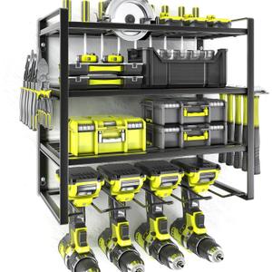 KAFAHOM Power Tool Organizer,4 Layer Drill Holders Wall Mount,Heavy Duty Metal Organizers and Storage Rack for Garage Organization,Tools Shelves with Screwdriver Plier/Hammer Holder, Black