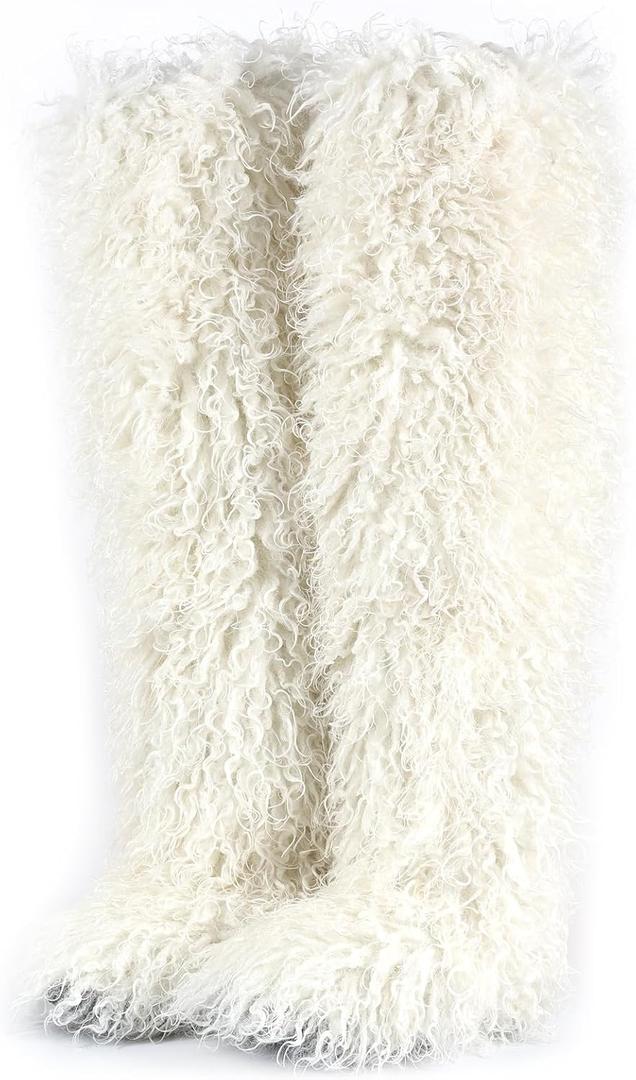 Over the Knee Boots for Women 29 inchs Faux Fur Boots Flat Thigh High Boots (10 Wide, White)