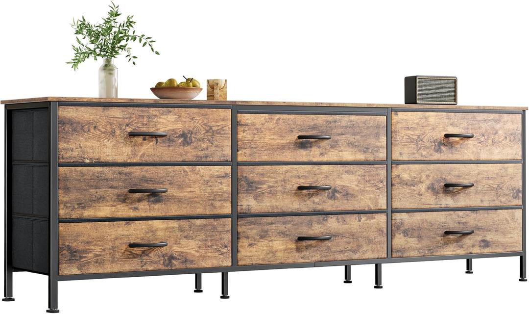 Huuger 63 Inch Dresser for Bedroom, Dresser for Closet with 9 Fabric Drawers, Large TV Stand for 55, 65, 70 Inch TV, Entertainment Center with Storage, Wide Long Chest of Drawers, Rustic Brown