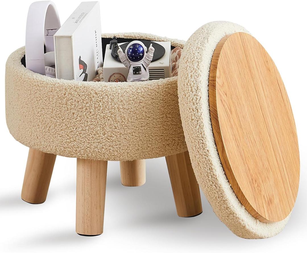 Wimarsbon Storage Ottoman, Modern Round Footrest with Soft Padded Seat, Teddy Velvet Footstool with Wood Legs, Accent Small Table or Plant Stand for Hallway, Living Room (Off-White), 13"D x 13"W x 10.6"H