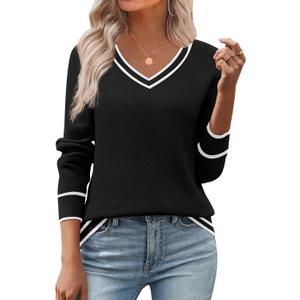 Zeagoo Women's 2026 Fall V Neck Sweater Trendy Long Sleeve Casual Lightweight Ribbed Knit Pullover Tops (Black StripeMedium)