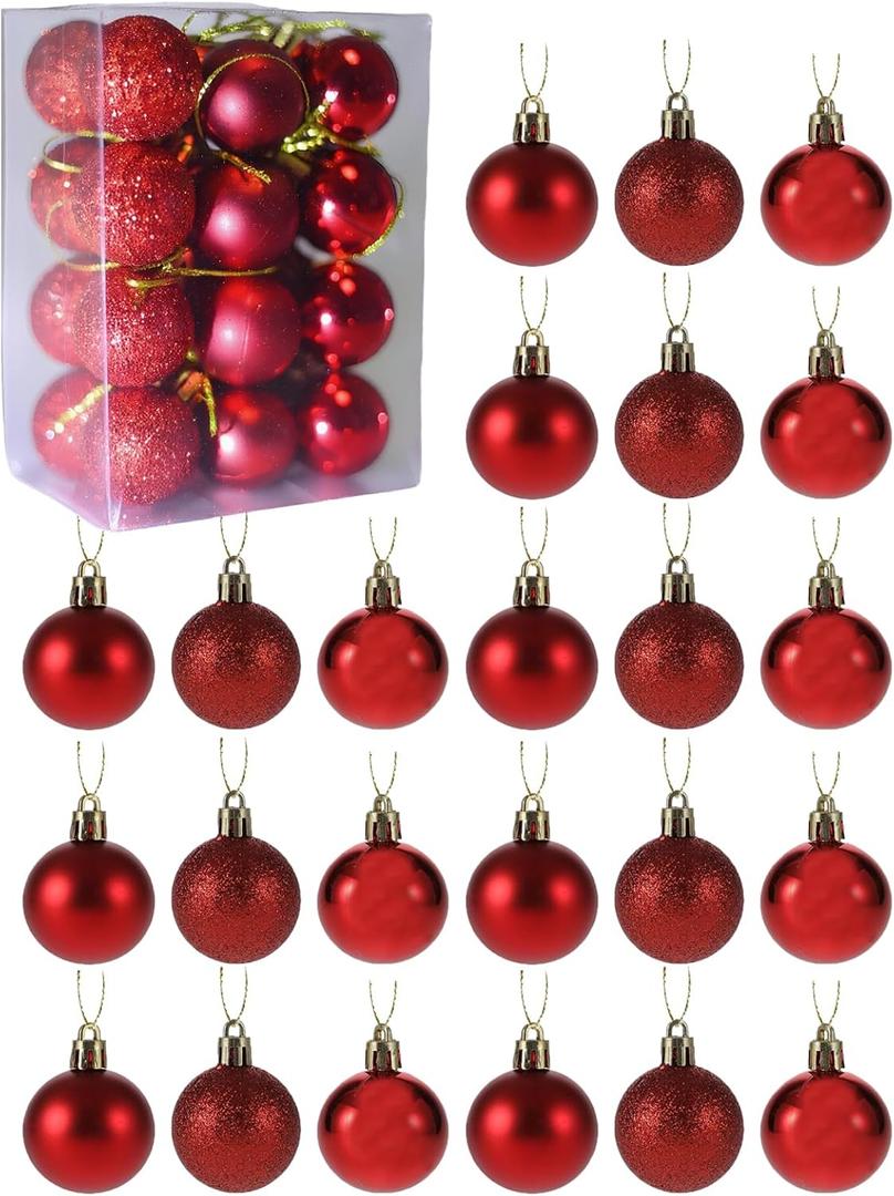 Liiaiyter 24 Mini Shatterproof Christmas Balls, 3cm/ 1.1'' Xmas Tree Ornaments Hanging Ball for Birthday Halloween Holiday Wedding Party Decorations (Red)
