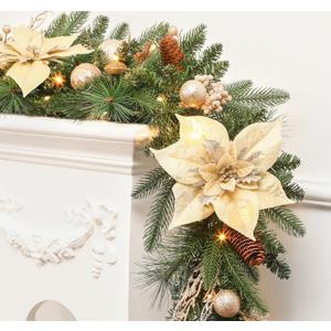 SHareconn 9FT Prelit Christmas Garland Decorations with Multi-Color LED Lights, Battery-Operated Timer, Lighted Garland with Ball Poinsettia for Mantle Table Fireplace Stairs Railing Indoor Decor