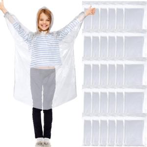 Berlune 30 Pcs Kid Rain Ponchos Bulk Disposable Ponchos for Kid Emergency Raincoat with Hood and Elastic Sleeves (Clear)
