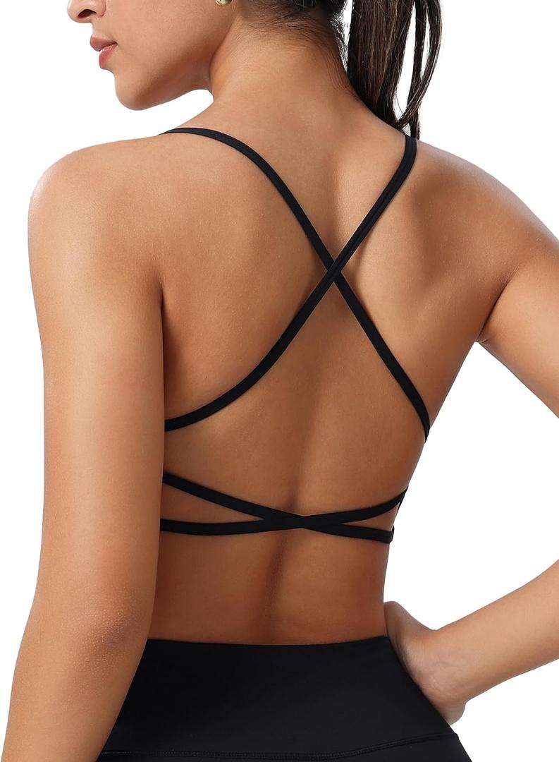 Strappy Sports Bra for Women,Spaghetti Straps Cross Open Back,Removable Padded,Low Impact Workout Yoga Crop Top, Size: Large (Black)