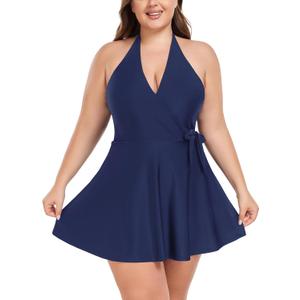 Ocean Blues Women's Plus Size V-Neck One Piece Swimdress Halter Wrap Swimsuit Tummy Control One Piece Skirt Bathing Suit (L)