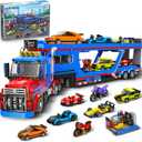 City Transporter Truck Building Set with 7 Sports Cars - Adjustable Loading Ramp Tow Semi Truck with Carrier & Trailer Building Toy Pretend Play Birthday Gifts for Kids Boys Girls Aged 8-14