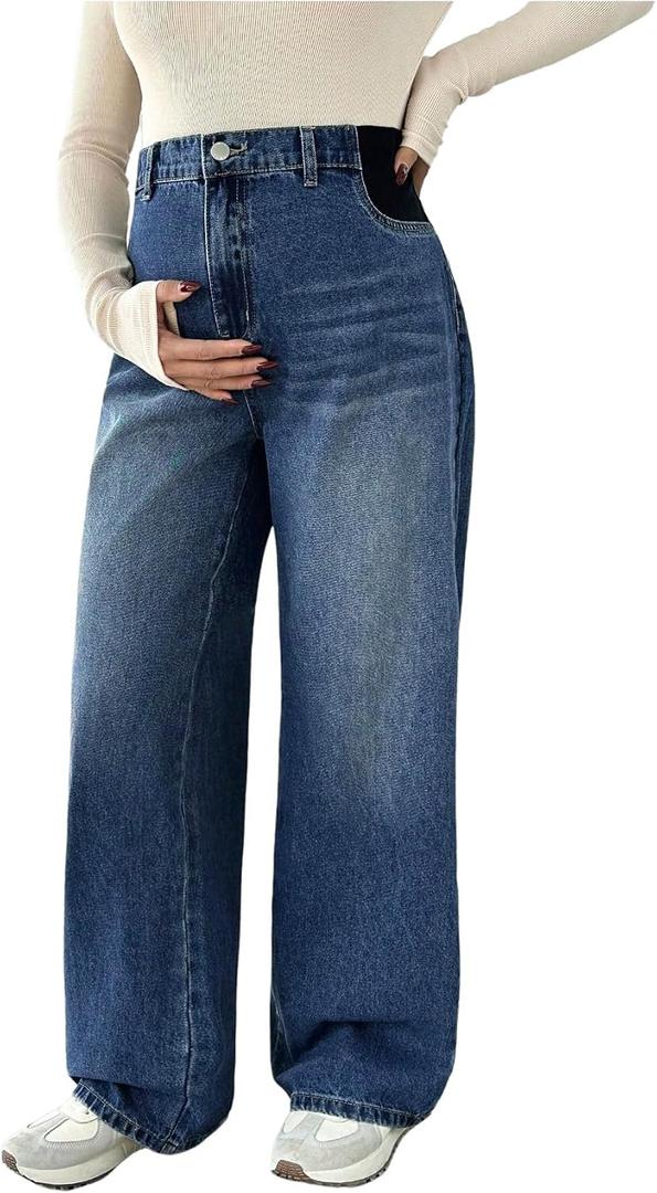 MakeMeChic Women's Maternity Jeans Loose Wide Leg Over The Belly Straight Pregnancy Jeans Denim Pants (Blue, L)