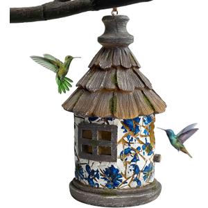 OUSHUAI Bird House for Outdoor with Pole Garden Decor Hanging Birdhouses Weatherproof BirdNest for Outside Bluebird, Finch, Wren, Chickadee, Wild Birds Big Size Resin White Bule