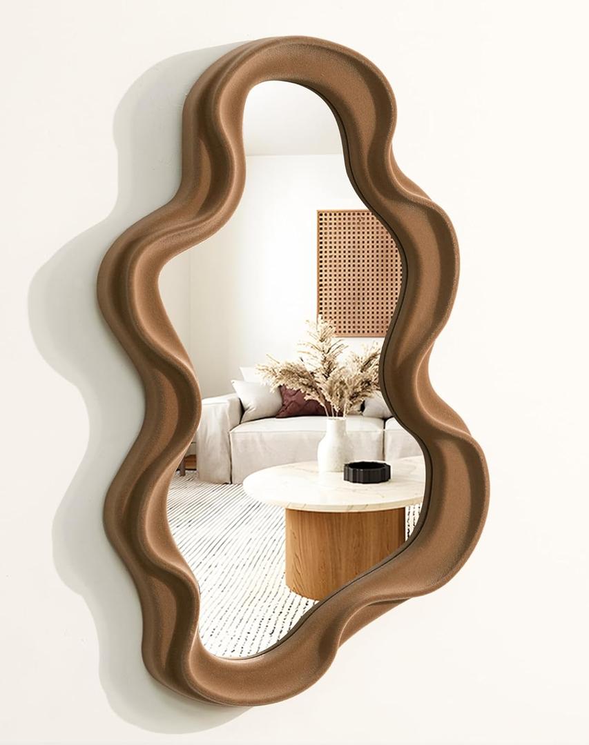 Irregular Wall Mirror Living Room Decor, Cloud Decorative Mirrors with Flocking Touch, Modern Wavy Mirror for Hallway Entryway Staircase Bedroom, Over The Door Wall Art Decoration (Brown) (16x10")