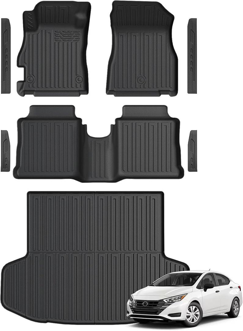 Floor Mats for Nissan Versa 2020-2025, All Weather Floor Mats Trunk Cargo Liner and Door Sill Guards Accessories, Full Coverage Set